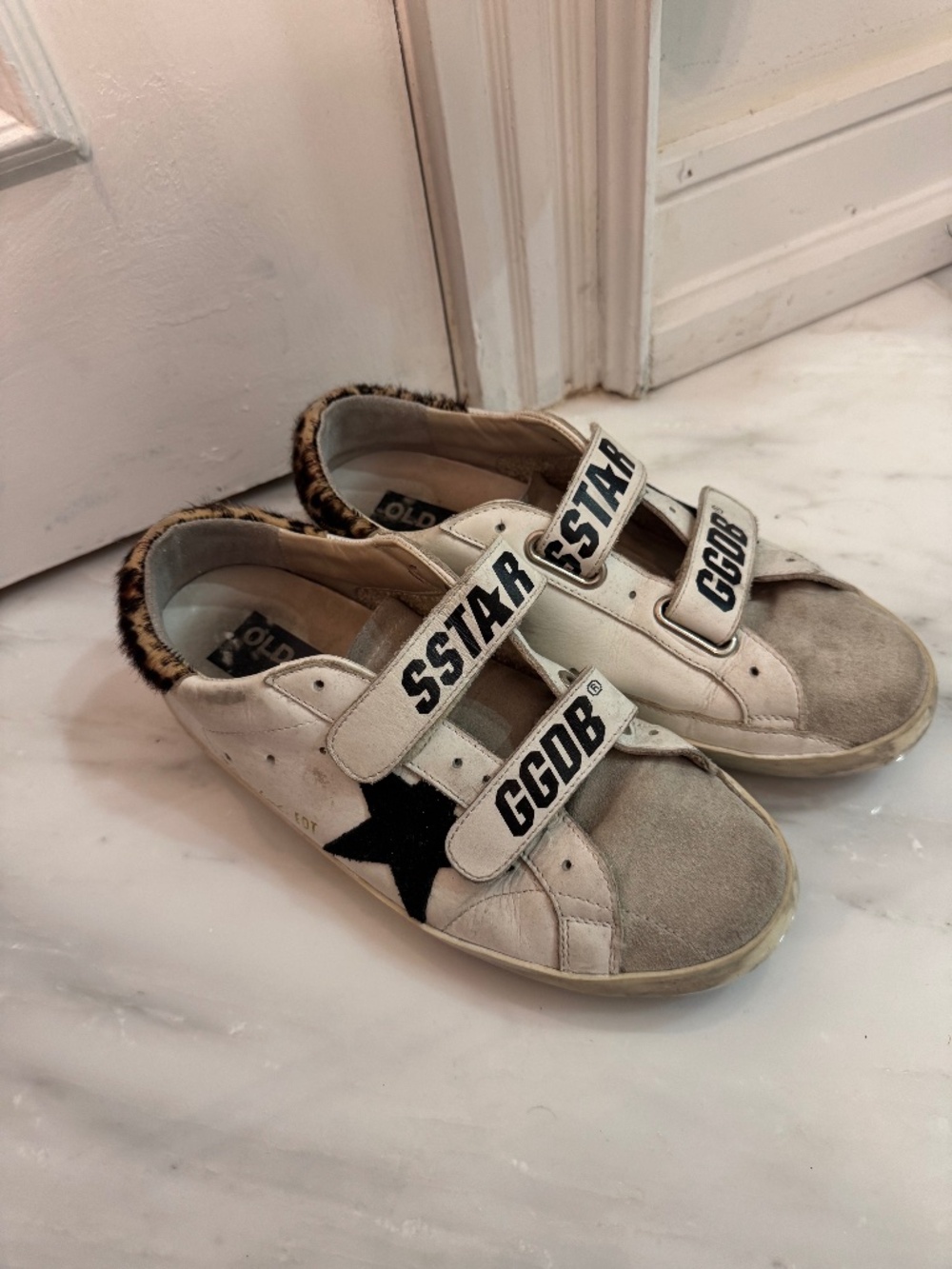 Golden Goose Old School Sneakers – White/Black Leopard Velcro